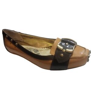 Womens Brown Patent Leather Square Toe Buckle Studded Loafer Flats‎ Size 9
